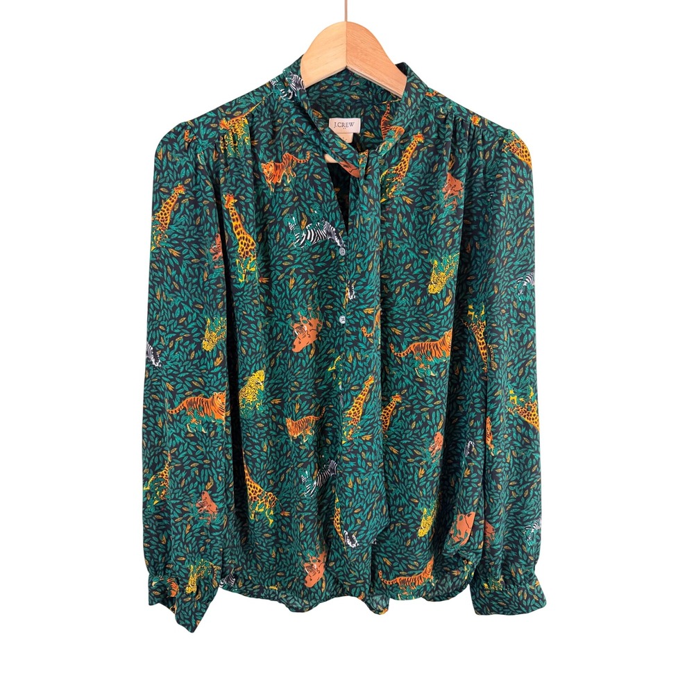 J.Crew Bow Tie Neck Safari Animal Print Blouse Women Small Green Long Sleeve